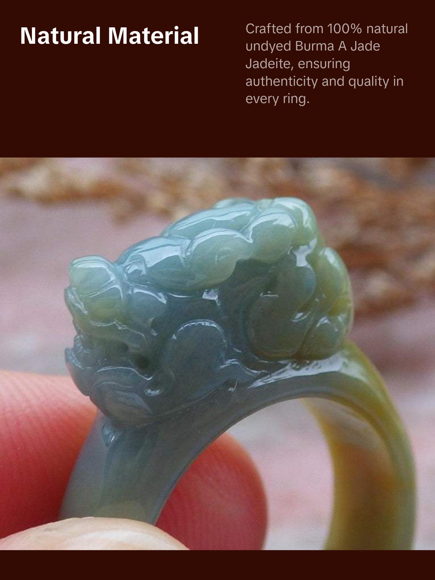 Certified Hand Carved Blue Water Green Yellow Natural Myanmar Burma A JADE Jadeite Dragon Pi Xiu Ring US 8.75