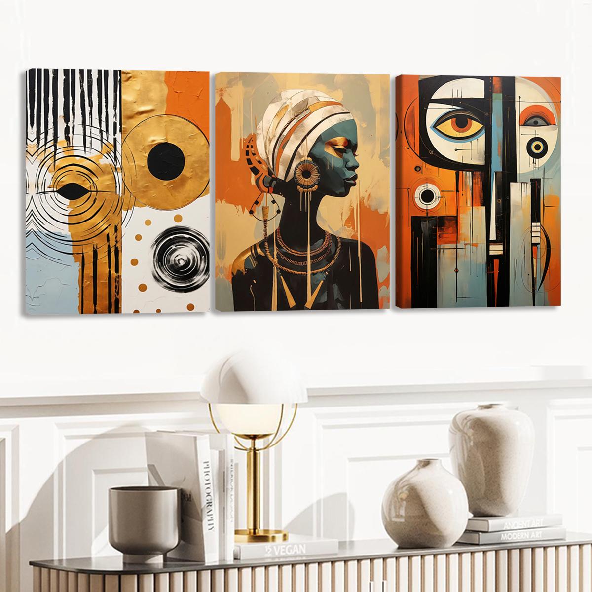 3Pcs Wooden Framed Canvas Painting, African Woman Abstract Geometric Shapes Gold Orange, Exquisite Poster, Home Decoration, Pattern Wall Art Decor, For Living Room, Bedroom, Office, Restaurant, Bar Wall Decor, Odorless, Painting, Print Artwork