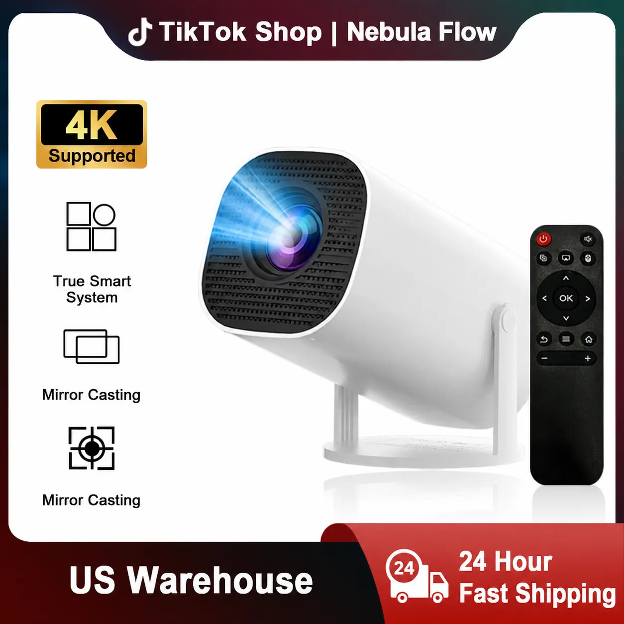 Portable Smart Projector with Remote Control, HD Video Playback, Auto Keystone Correction, Square Free Rotation, Wireless Screen Mirroring for iPhone & Android Phones, Wired Connectivity (USB, Audio Devices, Mobile Cables) for Home Theater #US Warehouse,