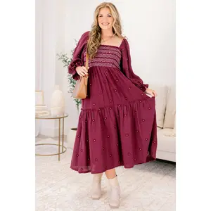 Wildflower Wonder Dress Rouge Casual Smocked Babydoll Floral Embroidered Dress Stretchy 100% Cotton with Square Neckline & Elastic Ruffle Cuffs