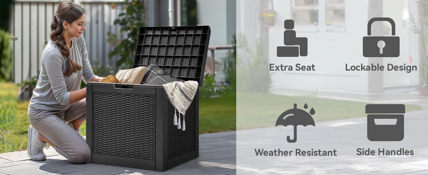 Yitahome 32 Gallon Rattan Deck Box, Indoor Outdoor Storage Box for Patio Furniture, Pool Accessories, Cushions, Garden Tools, Sports Equipment, Waterproof Resin with Lockable Lid & Side Handles, Black