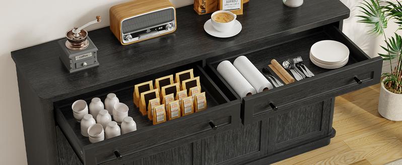 【Valentine's Day Gift】ONBRILL 63 Inch Buffet Cabinet with Storage, Curved Sideboard Cabinet with 2 Drawers and 4 Arched Doors, Storage Cabinets with Adjustable Shelves, Sideboard Buffet for Living Room, Kitchen