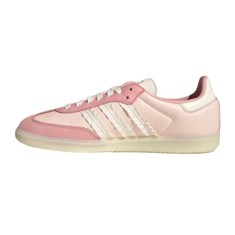 Adidas Samba Ruffle Stripes Pack Wonder Mauve Pink Women's Sneakers JR8830 Authentic Leather Upper Closed Fashion Ribbon Lace Athletic Shoes Metallic Gold
