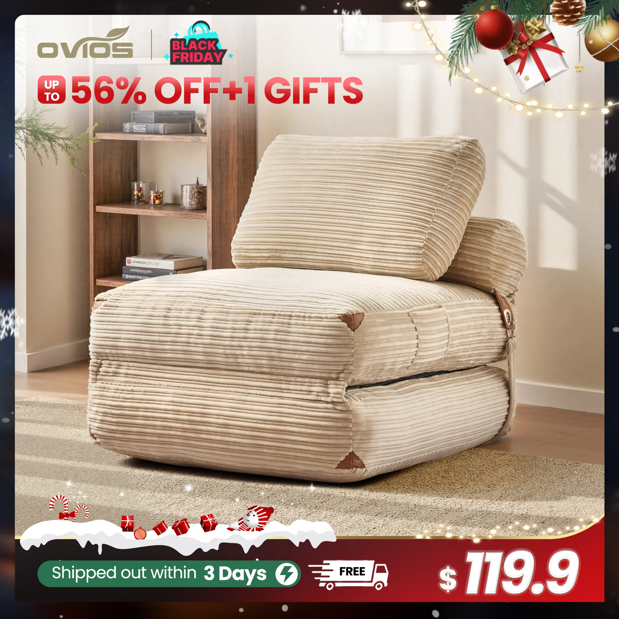 【Summerfinds】Ovios Boneless Chaise Lounge, 3-in-1 Convertible Folding Sofa Bed with Pillow & Lumbar Support, 36" Wide Sleeper Chair for Living Room & Bedroom, No Assembly Required
