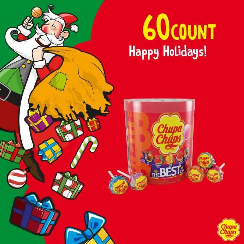 Chupa Chups ‘Best Of’ Holiday Candy Lollipop Variety Assortment, 5 Flavors, Individually Wrapped Candy for Christmas Stocking Stuffers for Adults & Kids, 25.3 oz Drum (60 Suckers)