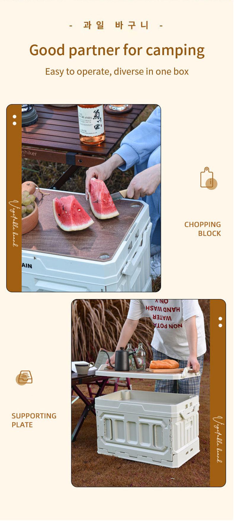 Outdoor Storage Box, Folding Camping Storage Box Large Capacity Heightenable 3 Layers Outdoor Foldable Storage Box with Wooden Lid for Car, Outdoor Picnic