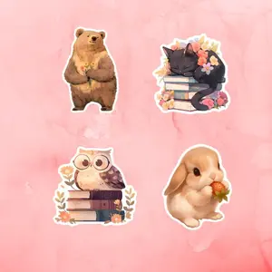 Cute Animal Vinyl Sticker Set (4PCS) – Brown Bear, Owl On Books, Sleepy Black Cat, Strawberry Bunny, Waterproof Laptop, Kindle, Water Bottle Decals