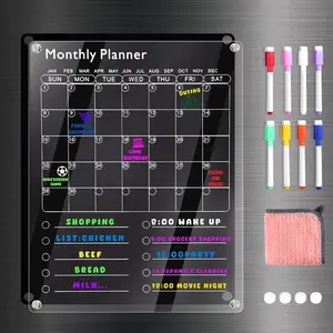 Large Acrylic Magnetic Fridge Calendar, Clear Dry Erase Board Calendar for Refrigerator, 16" x 12" 2-in-1 Monthly Weekly Planner for To-Do/Grocery List, with 8 Color Markers and Towel, Great Gift for Home & Office