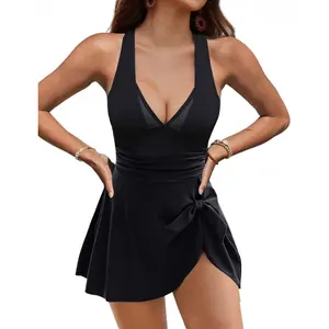 VIMPUNEC Tummy Control One Piece Swim Dress for Women Slimming Mesh V Neck Bathing Suit Ruched Tie Knot Skirt Swim Suits Modest Curvy Friendly Beachwear