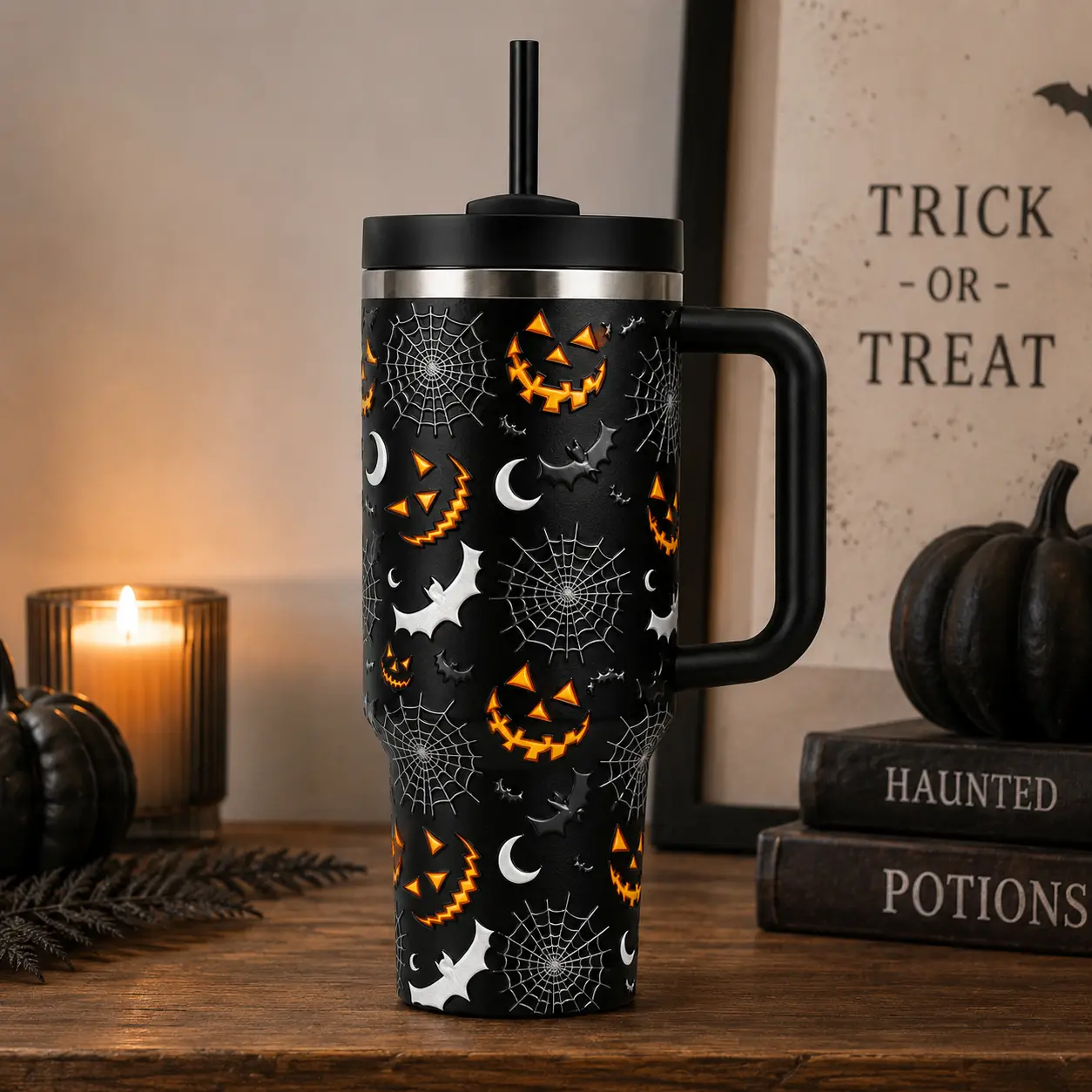 3D EFFECT Spooky Halloween Travel Mug, Pumpkin Bat Spider Web Tumbler with Handle and Straw Fall Drinkware Gift for Halloween Lovers