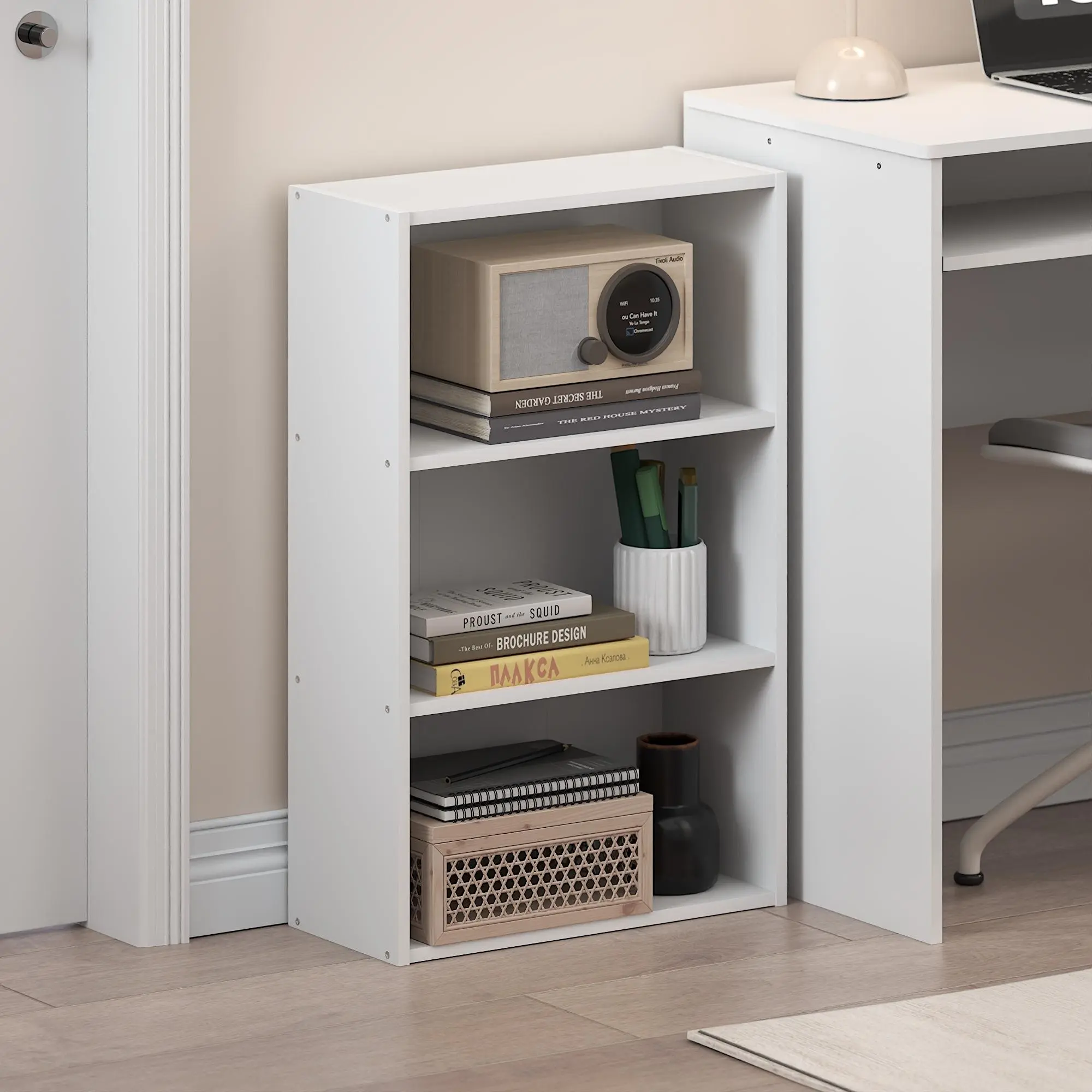 White 3-Tier Multi Layer Bookshelf - 7x17x26 in Composite Wood Basic Cube Indoor Floor-Standing Corner Shelf, 20lb Capacity, Assembly Required, Home Setup Shelves for Office Storage, Small House Library Organizer