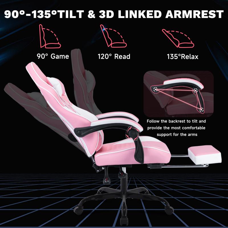 Ergonomic Video Gamer Chairs,Computer Gaming Chairs with Massage Lumbar Support and footrest,Racing Style Computer Chair Adjustable Headrest for Adults,Pink White