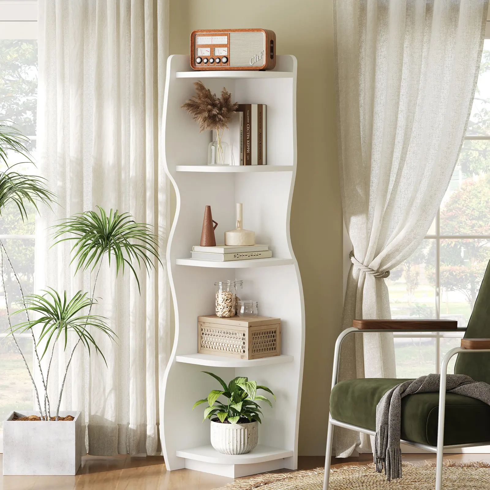 HOOBRO LED Corner Shelf, 5-Tier Modern Corner Bookshelf with Light, Stylish Display Bookcase，Wooden Open Book Shelf Storage Rack for Small Spaces, Living Room, Home Office, White WT67DCJ01