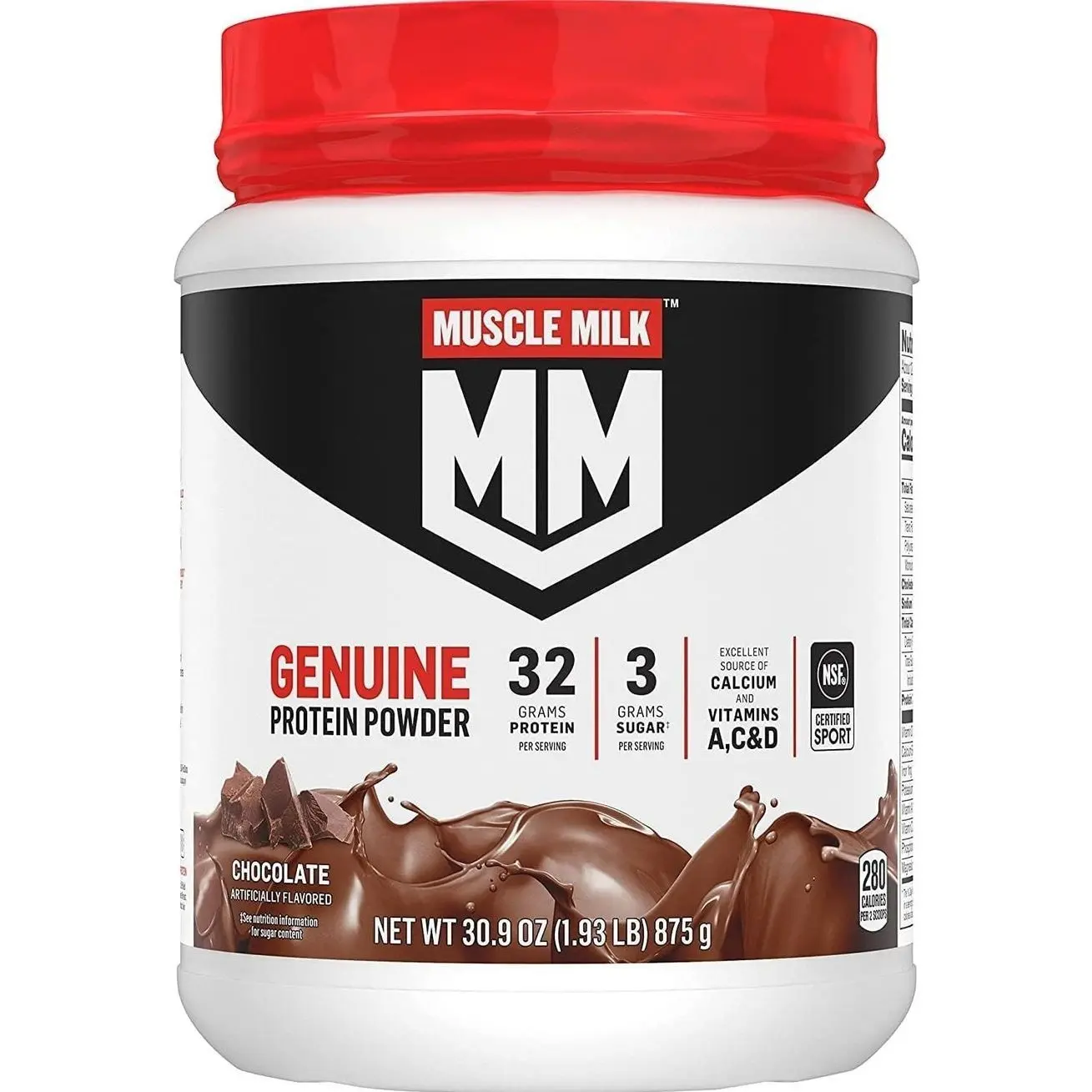 Muscle Milk Genuine Protein Powder, Chocolate, 1.93 Pounds, 13 Servings, 32g Protein, 2g Sugar, Calcium, Vitamins A, C & D, NSF Certified for Sport, Energizing Snack, Packaging May Vary Supplement