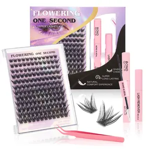 At-Home Eyelash Extension Kit, Voluminous Ultra-Thin Band 0.3mm, D-Curl Fluffy Individual Cluster Lashes, Premium Lightweight Long-Lasting Type, 5 Lengths 10-16mm (Fairy/Comic Style), With Tools