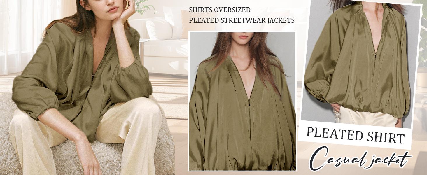 Hixiaohe Womens Puffed Bomber Jacket Casual Batwing Sleeve Lapel Collar Zip Shirts Oversized Pleated Streetwear Jackets