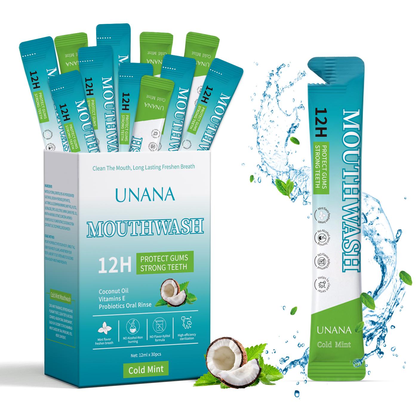 UNANA Natural Mouthwash Packets- Cold/Mild Mint Flavor, Alcohol-Free & Sugar-Free, 12hrs Protection for Strong Gums & Enhanced Breathing, Travel Size