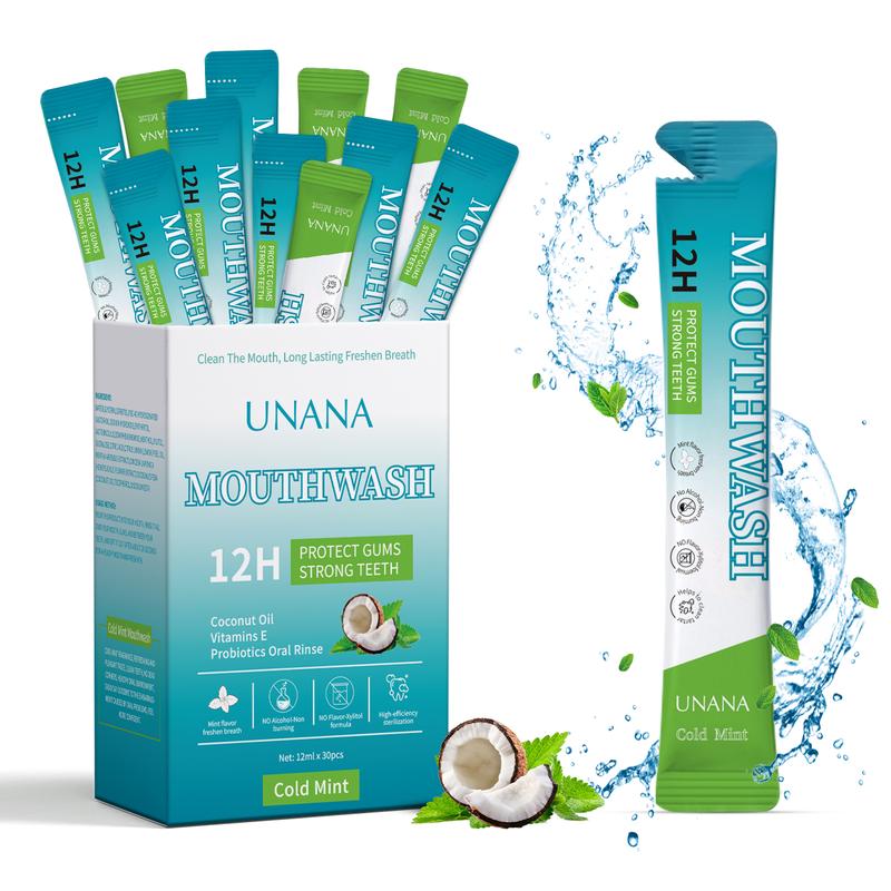 UNANA Natural Mouthwash Packets- Cold/Mild Mint Flavor, Alcohol-Free & Sugar-Free, 12hrs Protection for Strong Gums & Enhanced Breathing, Travel Size