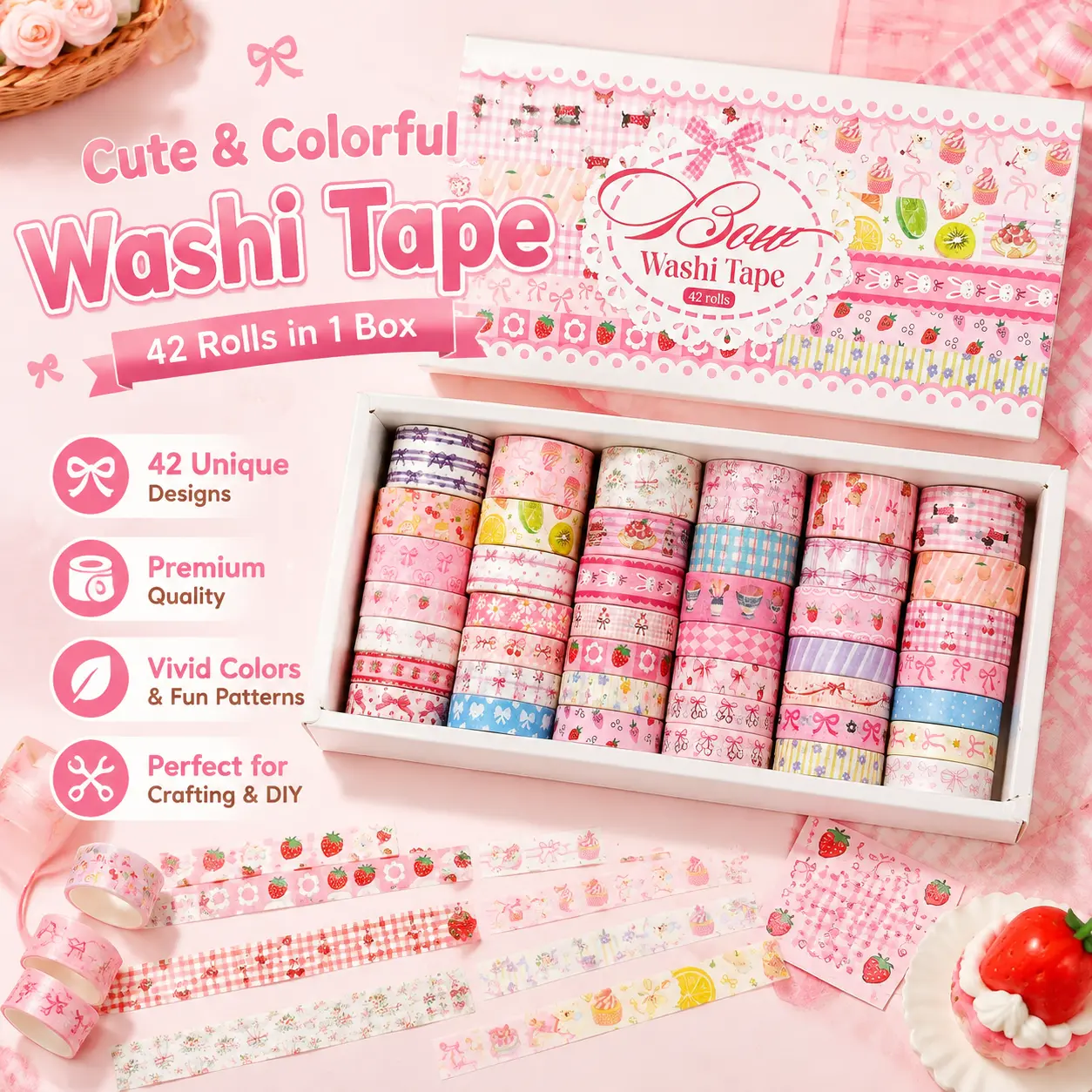 42 Rolls Cute Bow Washi Tape Set, Sweet Pink Strawberry Dessert Floral Decorative Masking Tape for Journaling Scrapbooking DIY Craft Gift Wrapping