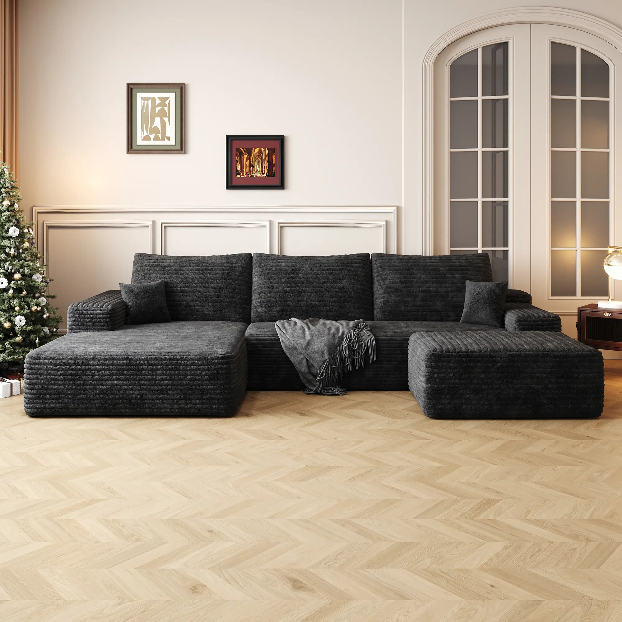 108 in Modern Minimalist Corduroy Cloud Sectional Sofa, L-Shape U-Shaped Upholstered Boneless Couch with Storage, Left-Facing Chaise, 2-Seaters and 1-Ottoman for Living Room (Black)