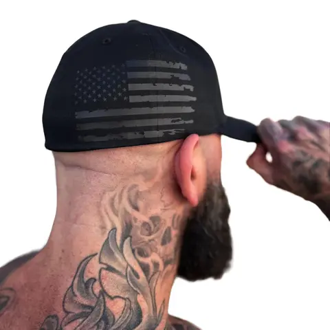 The Drive Clothing USA Flag Black Cotton Blend Flexfit Fitted Hat - 6-Panel Structured, Black Snapback, 8-Row Stitching, Stretch Fit, Tone-On-Tone Flag, Premacurv Visor With Silver Undervisor, For Daily, Everyday, Evening Wear