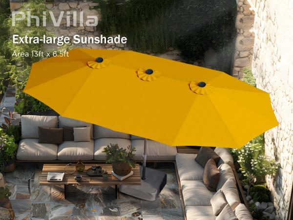 [12 New Colors] PHI VILLA 15ft Patio Umbrella with Base, Double-Sided Outdoor Market Extra Large Umbrella with Crank, Umbrella Base Included, LED Solar Lights