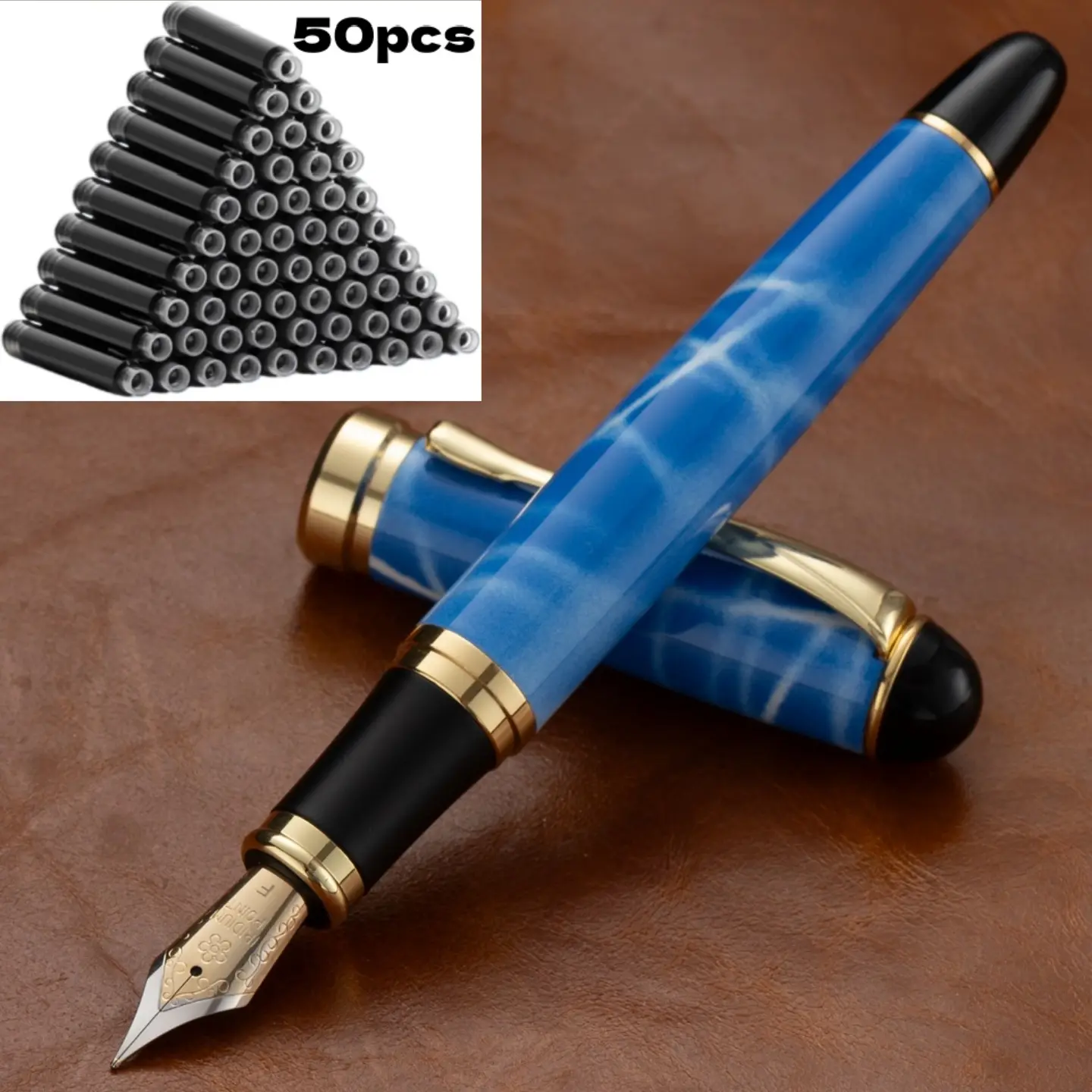 51-Piece Stainless Steel Fine Tip Pen Set - 1 Pen + 50 Ink Cartridges, 0.5mm Metal Tip, 2.6mm Steel Barrel, Snap-Closure Cap, Electroplated Illusion Gradient Colors, Luxurious High-Quality, Suitable for Calligraphy, Ideal for Thanksgiving Gifts