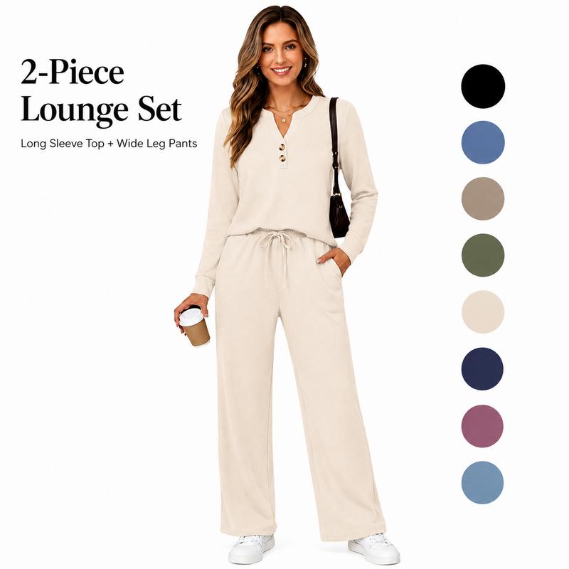 Wiholl Women's 2-Piece Fashion Lounge Set - Long Sleeve Top & Pants, Wide Leg Palazzo, Casual Set for Fall Travel Airport Outfits