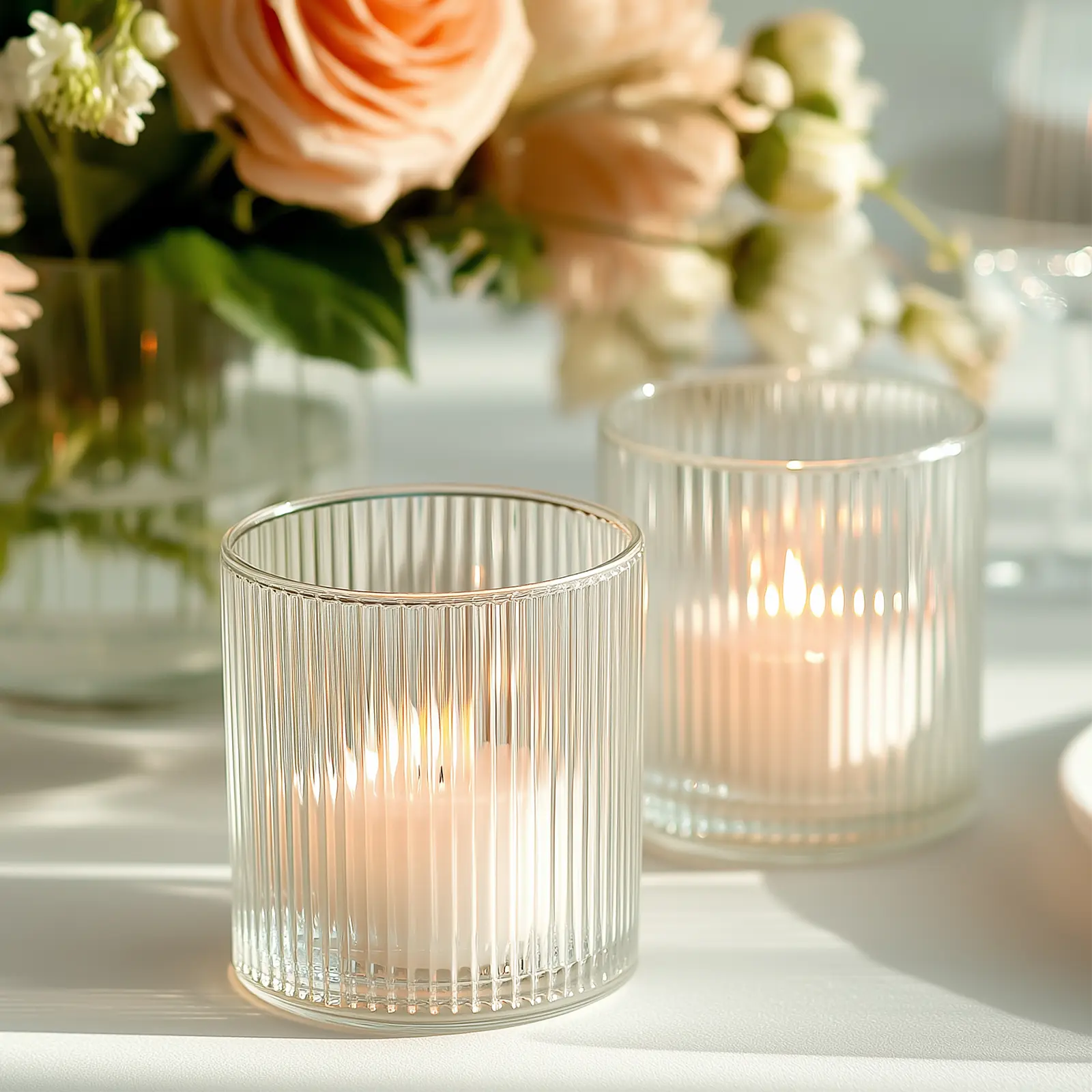 12-Pack Ribbed Texture Transparent Glass Tea Light Holders - 2.5 inches Votive Cups, Home Supplies for Room Decor, Table Decor, Wedding Use