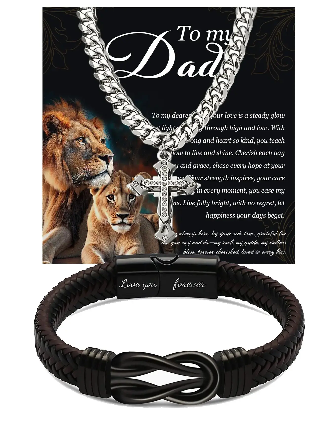 Father's Day Set: Brown woven leather infinity symbol bracelet (engraved with "I love you forever") + Cuban chain cross necklace. Stylish jewelry, a gift for dad, husband, or boyfriend, symbolizing unbreakable love.