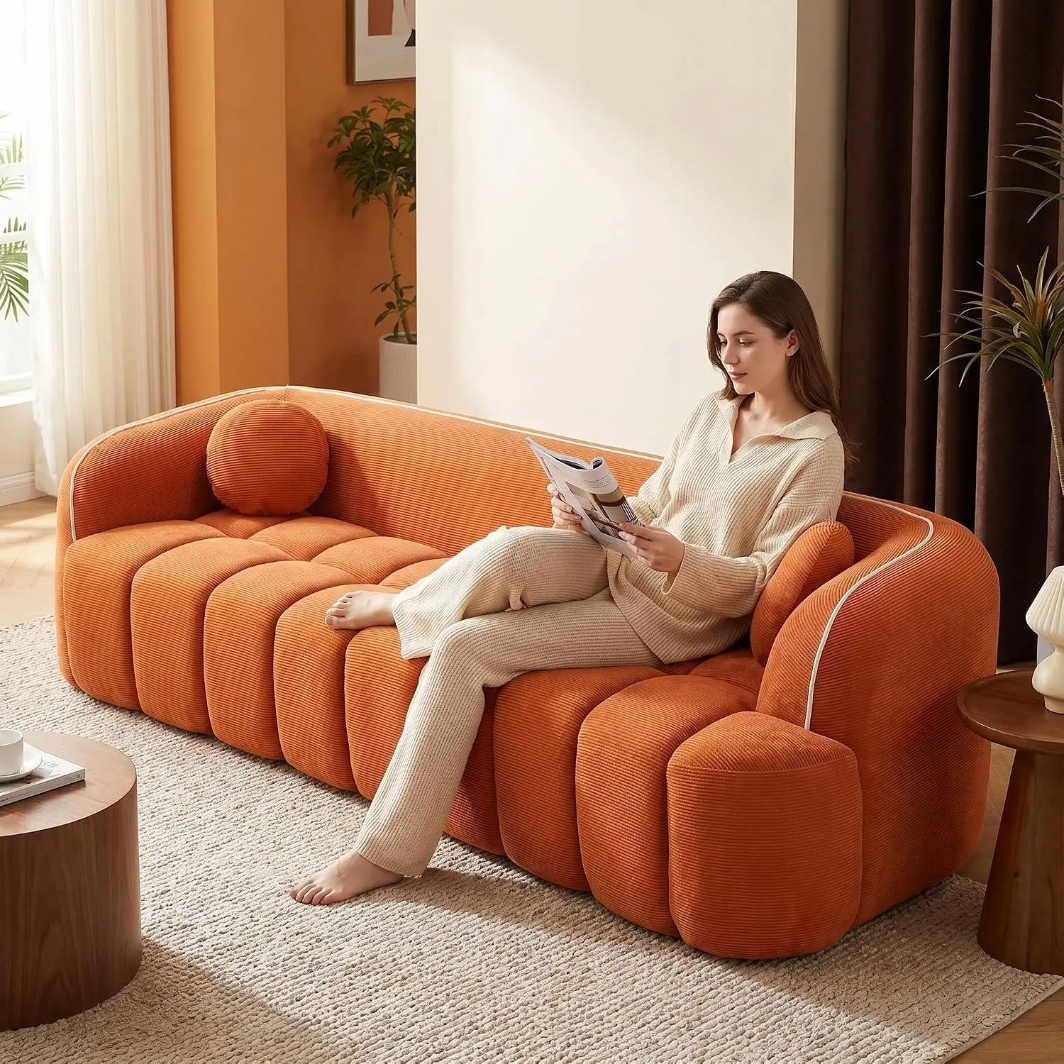 98.4" Modern Cloud Sofa, 3-Seater Cream Style Corduroy Couch with 2 Round Pillows, Low Armrest Upholstered Sofa for Living Room Bedroom, No Assembly Required (Orange)