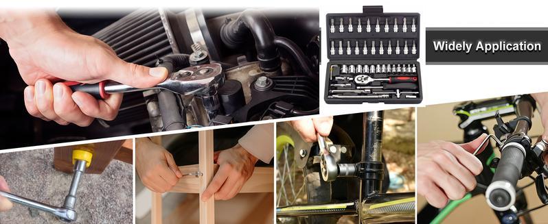 46pcs Chrome Vanadium Steel 1/4 Inch Drive Quick-Release Socket Ratchet Wrench Set - Metric Bit Sockets, Extension Bar, Corrosion-Resistant Kitchen Hardware for Auto Repairing, Gift for Husband, Boyfriend, Machinery