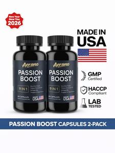 Aerano Passion Boost Men's Herbal Supplement 9 in 1 Ginseng Ashwagandha 2 Bottles Monthly Supply USA Made Lab Tested