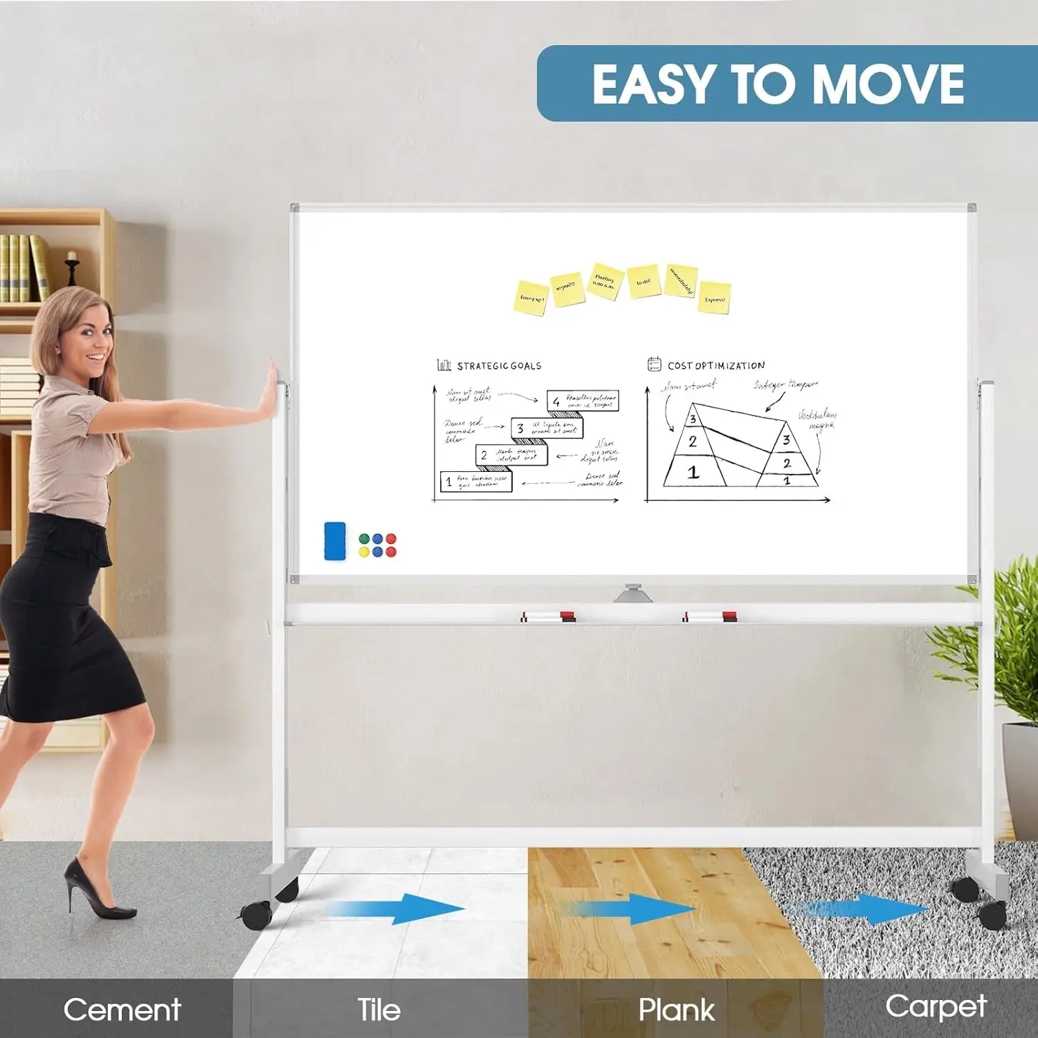 MaxGear B2017 Mobile Double-Sided Magnetic Dry Erase Board - 72x40in, Metal Frame, 3-Height Adjustable, Locking Casters, Smooth Mobility, Easy Assembly, Ample Space for Teachers, 72 X 40 Inch