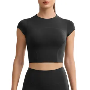 ENERBLOOM Crop Tops for Women Workout Yoga Shirts Mock Neck Fitted Short Sleeve Mild Support Cream Feeling Tee Built in Bra