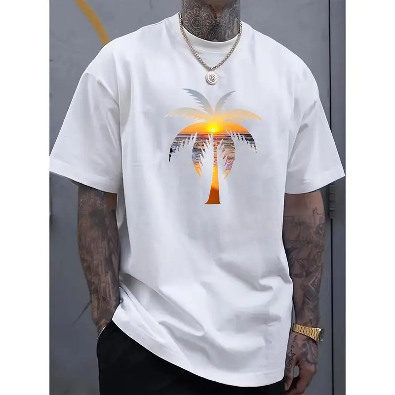 1pc Men's Tropical Menswear Round Neck Short-Sleeve T-Shirt - Knit Fabric, Slight Stretch, Regular Fit, Sunset Coconut Tree & Alphabet Prints, Streetwear Athleisure Style for Everyday Wear, Tshirt