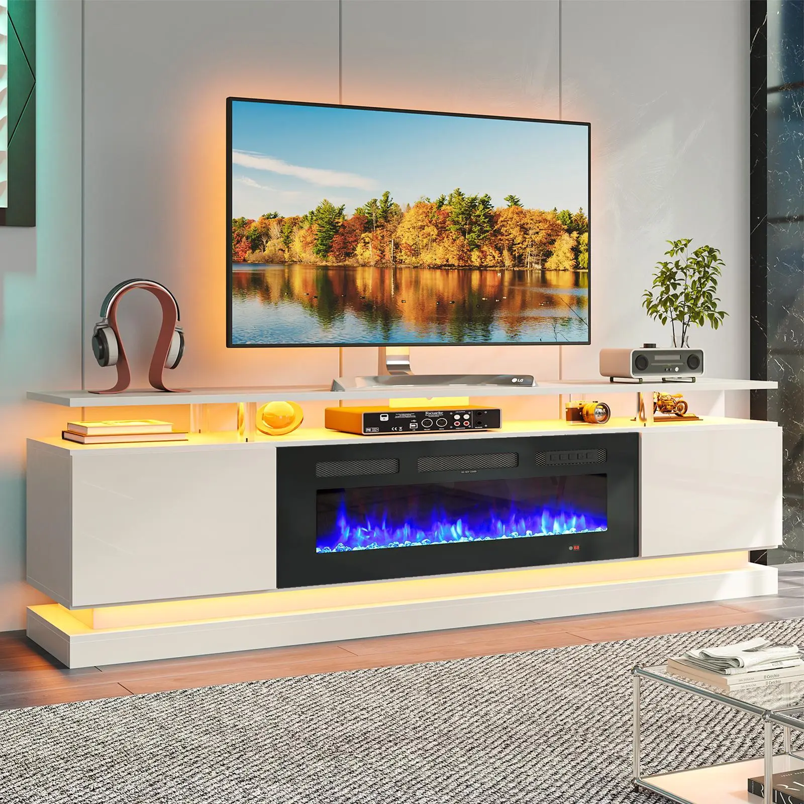 Aoxun Fireplace TV Stand with 36" Electric Fireplace Insert, RGB LED Light Mirror Storage Cabinet Media Console, Fits Up to 80/90/100 Inch TV, 70/80/90 Inch Entertainment Center Black White, Tv Console Table, Led Tv Stand