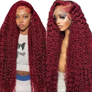 99J Burgundy 13x6 Deep Wave HD Lace Front Wig Brazilian Virgin Human Hair Pre Plucked with Baby Hair Curly Wig for Women