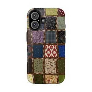 Retro Quilted Patchwork Tough Phone Case Shockproof for iPhone 11 12 13 14 15 16 17 Pro Max Plus, Vintage Inspired Heavy Duty Protective Cover for Apple iPhones