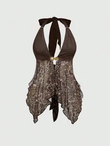 SHANIAH Grunge Punk Summer Music Festival Fashion - Wild Chic Retro Leopard Print With Rhinestone & Metal Chain Halter Neck Tight Asymmetrical Hem Women Tank Top