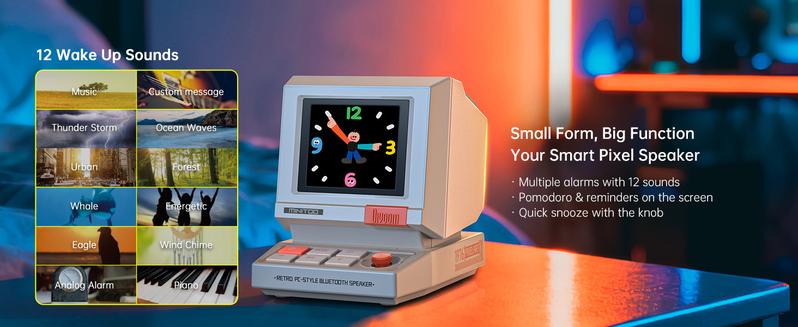 Divoom MiniToo Retro Pixel Bluetooth Speaker – 90s-Inspired PC Design,App Control, Alarm, White Noise, Retro Desk Portable Speaker for Music,Gaming Room Decor