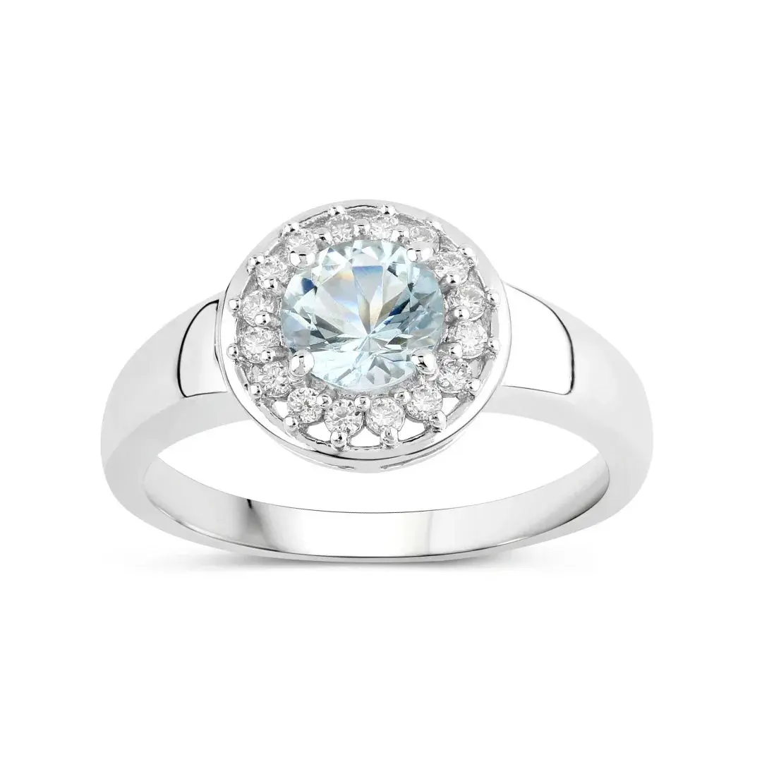 Natural Aquamarine and Lab Diamond Halo Ring