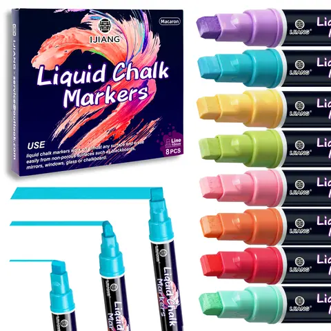Liquid Chalk Markers 8 Macaron/Metallic/Neon Colors Set for Window & Car Surfaces / Jumbo Thick Tips 6/10mm 3-in-1 - Chalk Markers for Blackboard, Signs and Chalkboard, Glass, Mirrors, Erasable & Washable