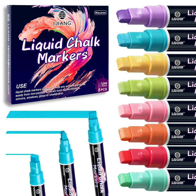 Liquid Chalk Markers 8 Macaron/Metallic/Neon Colors Set for Window & Car Surfaces / Jumbo Thick Tips 6/10mm 3-in-1 - Chalk Markers for Blackboard, Signs and Chalkboard, Glass, Mirrors, Erasable & Washable