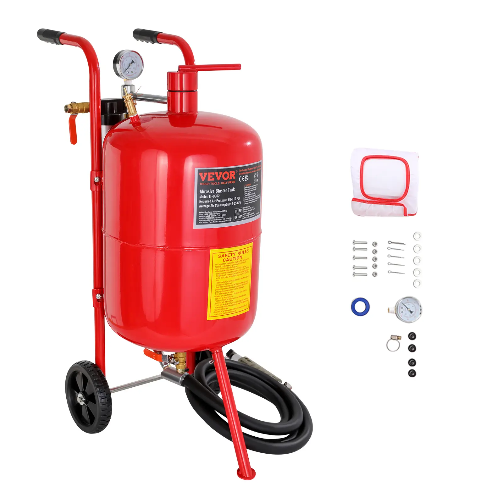【summerfinds】VEVOR 10Gal/40L Portable Power Sandblaster, 10gal Hardware Tool with Nozzle Shut-Off Valve, 60-110 psi Pressure Gauge, Ceramic Nozzle, 2.5m Hose + Funnel, Water Trap, 6" Rubber Wheels for Stain Removal, 10 Gallon