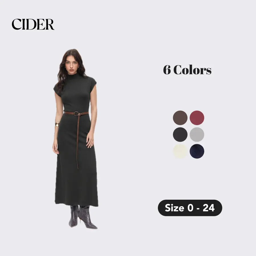 Cider Knit Maxi Dress with Belt – Flattering A-Line Long Dress for Women，  High Neck Long Sleeve for Spring Evenings & Date Night