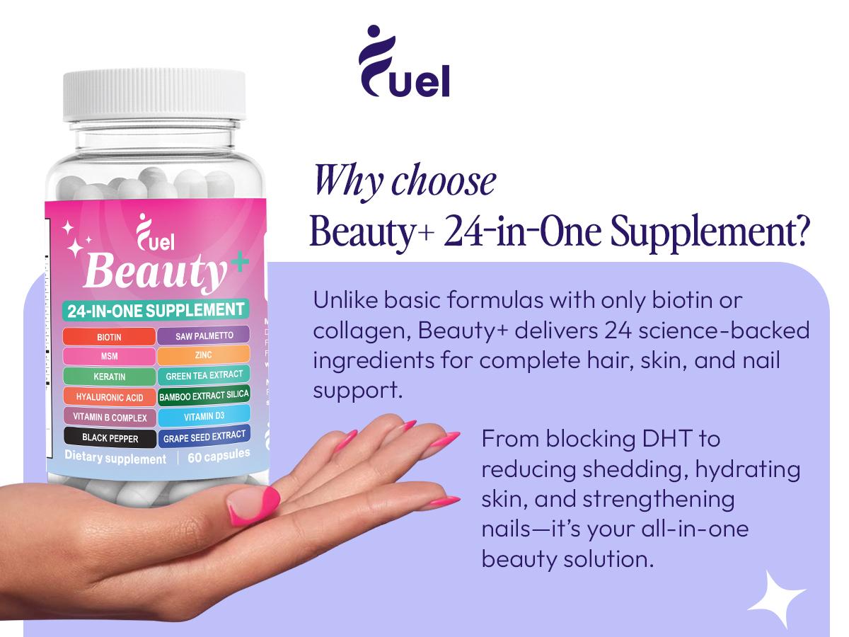 Fuel Beauty 24-IN-1 Complete ALL-IN-ONE Hair Growth, Skin & Nails 60 Capsules with 30,000 MCG DHT Blocking Saw Palmetto Formula & 24 Powerful Ingredients for Radiant Skin & Healthy Hair Pro Collagen Hydrating Colagen Optimum Fitness Dietary Healthcare