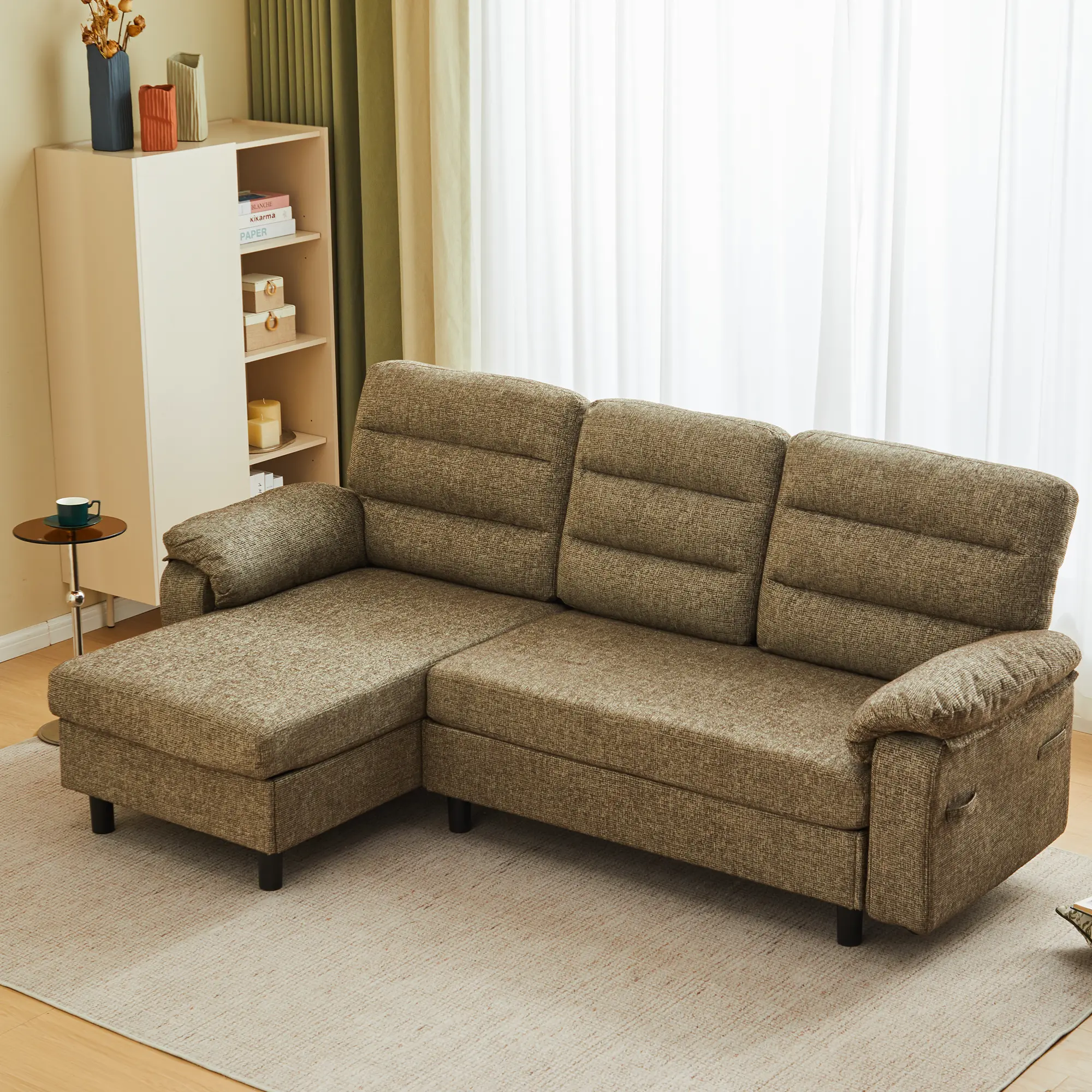 Sweetcrispy L-Shaped Chaise Lounge Sectional Sofa Couch - 3-Seat Modular Indoor Lounger, Textured Olive Spill-Resist Fabric, Fixed Arms, Plush Cushions, Deep-Seat Sleeper, Durable Tufted Back Cradle, Modern Compact Sofas Living Room Apartment Furniture