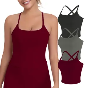 【LOCAL SHIPPING】2026 New Adjustable Straps Built-in Bra Tank Top - Criss Cross VS Spaghetti Thin Straps & Scoop Neck, Slim Cute Buttery Soft Thicker Fabric Longline Sports Bra with Built-in One-Piece Bra Pads Yoga Wear Fitness Yoga Gym Activewear