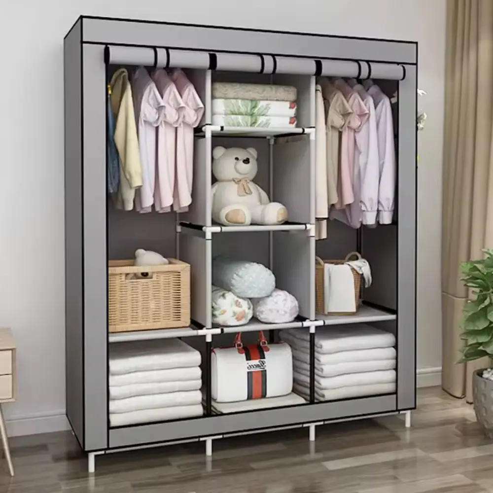 64-in Portable Covered Non-Woven Fabric Wardrobe, Multi-Functional Foldable Closet, Gray Apartment Furniture for Room Storage Solutions